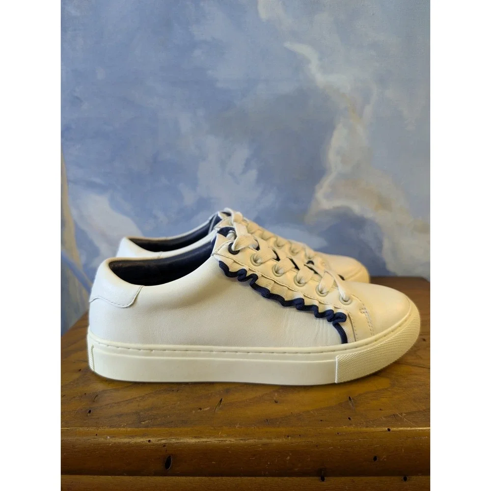 Tory Burch Sport White Blue Ruffle Leather Sneakers Women Size 7M
